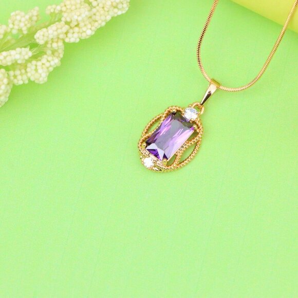 "Purple Rectangle Pendant with Gold Plated Frame and Crystal Accents, XPPT1683 - Picture 2 of 13
